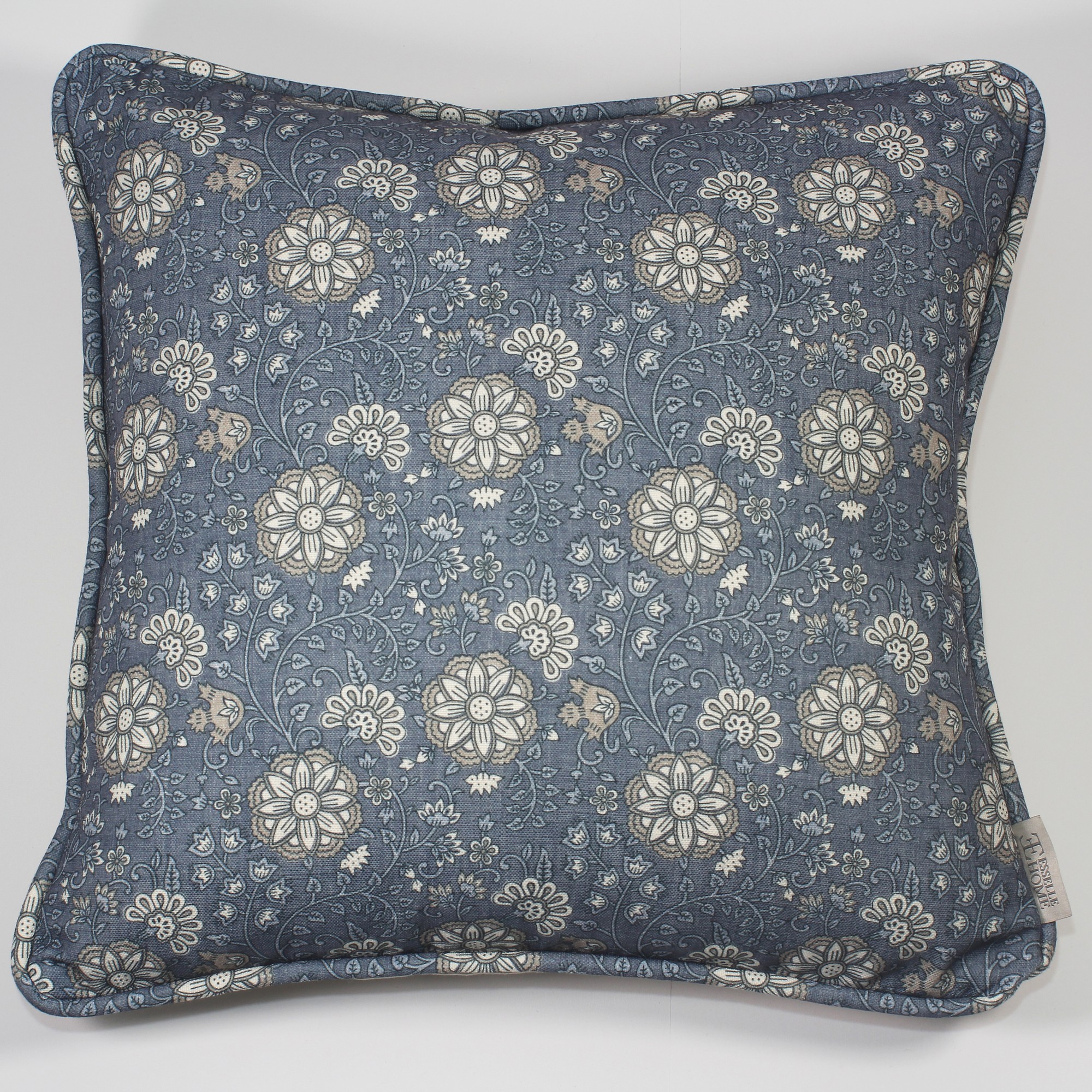 Lucien Trail Floral Botanical Cushion In Navy Taupe